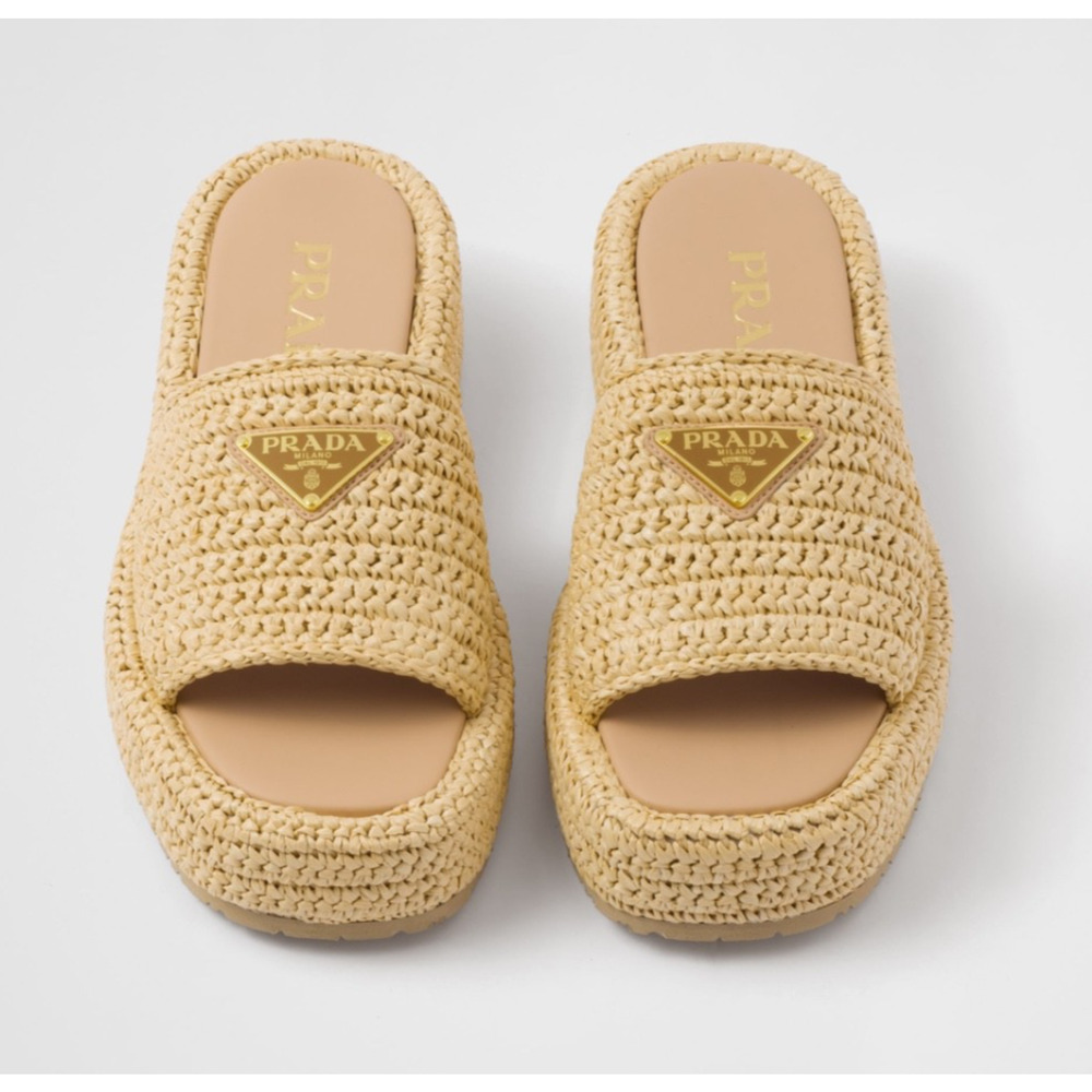 Prada Crochet Raffia Platform Slide Natural Beige Logo Mule Wedge Sandal 40 - Picture 13 of 16